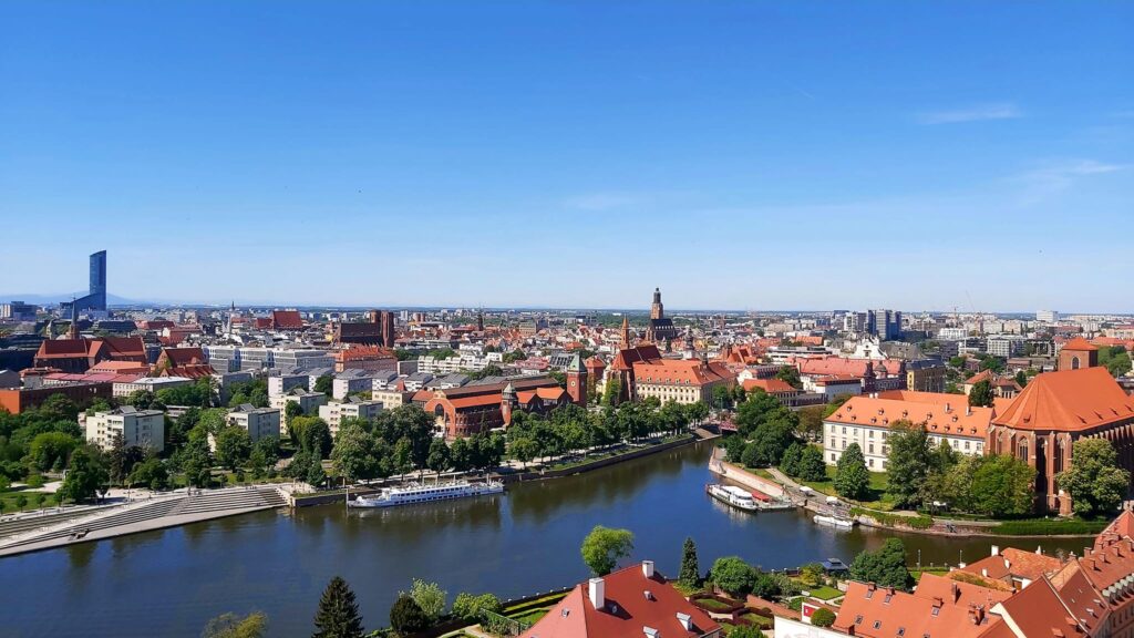 Wrocław, widok z wieży Katedry Jana Chrzciciela na Ostrów Tumski, Wyspę na Piasku i Stare Miasto